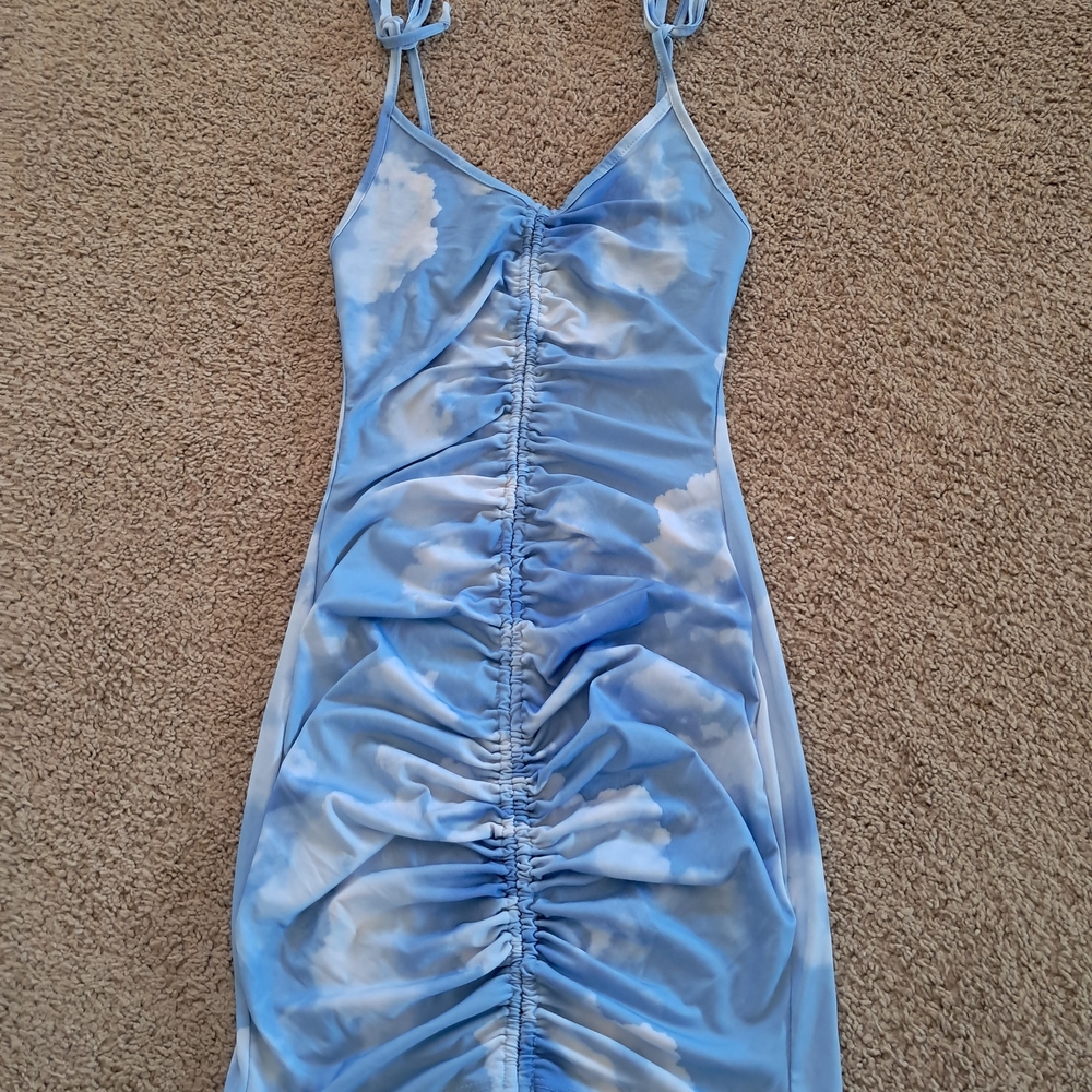 Sky Blue and White Bodycon, Mini Dress.